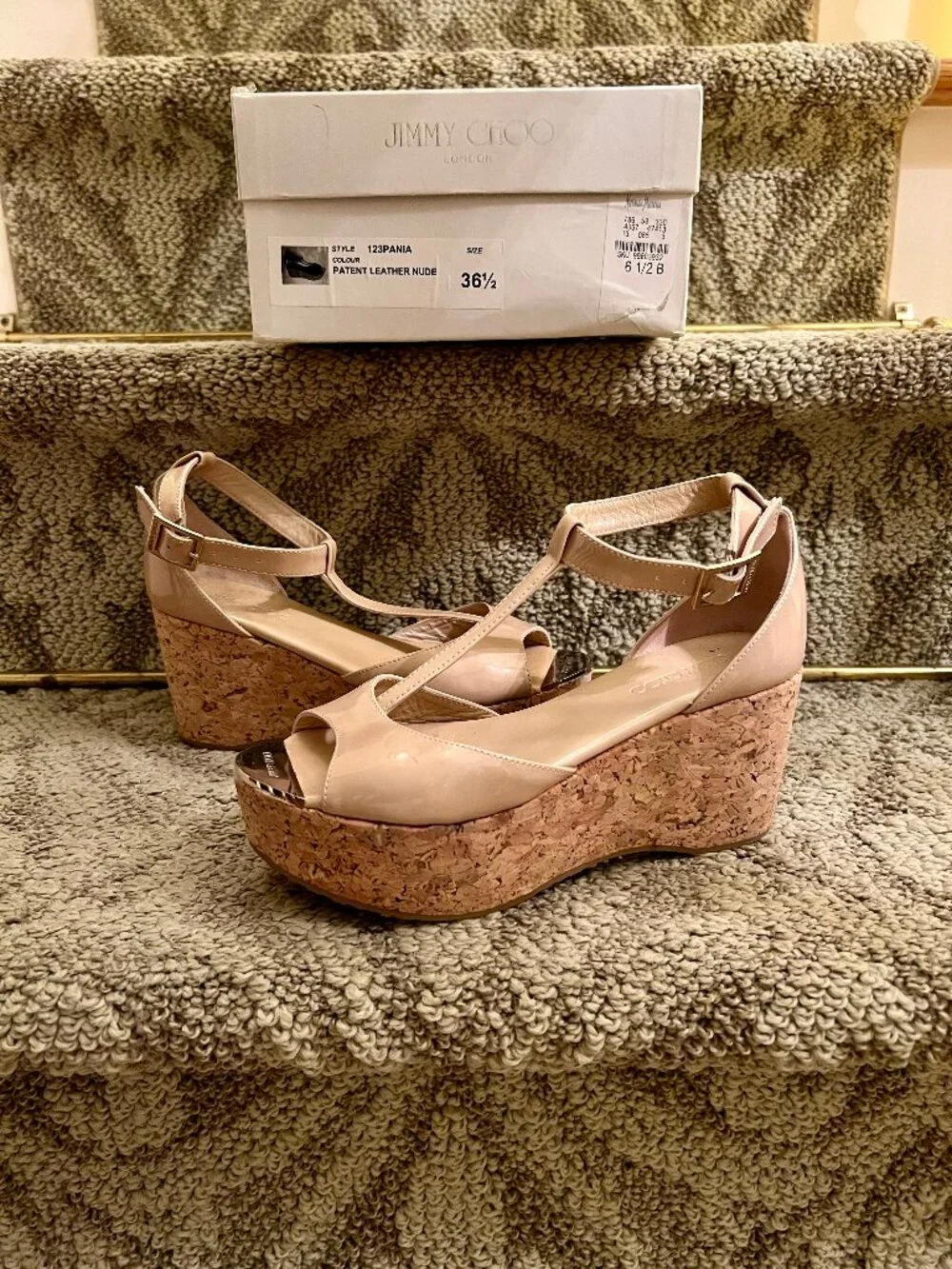 Jimmy Choo Pania Nude Patent Leather & Cork Wedge Heel Sandals Size 36.5 or 6.5